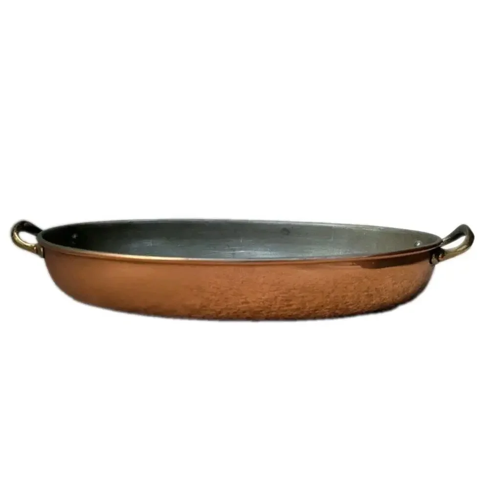 Vtg Copper Oval Gratin Pan Tin Lined Brass Handles Hammered Roasting Baking Dish